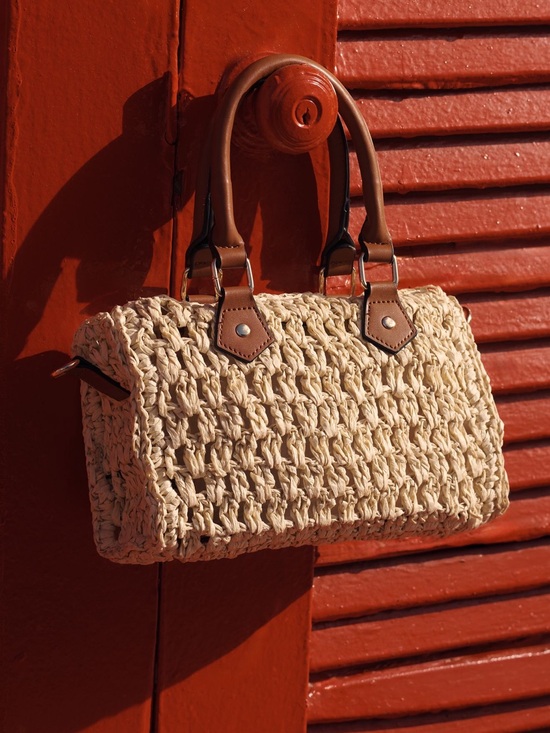 Anthropologie Handbags - Anthropologie Cream Woven Shoulder Bag with Brown Handles